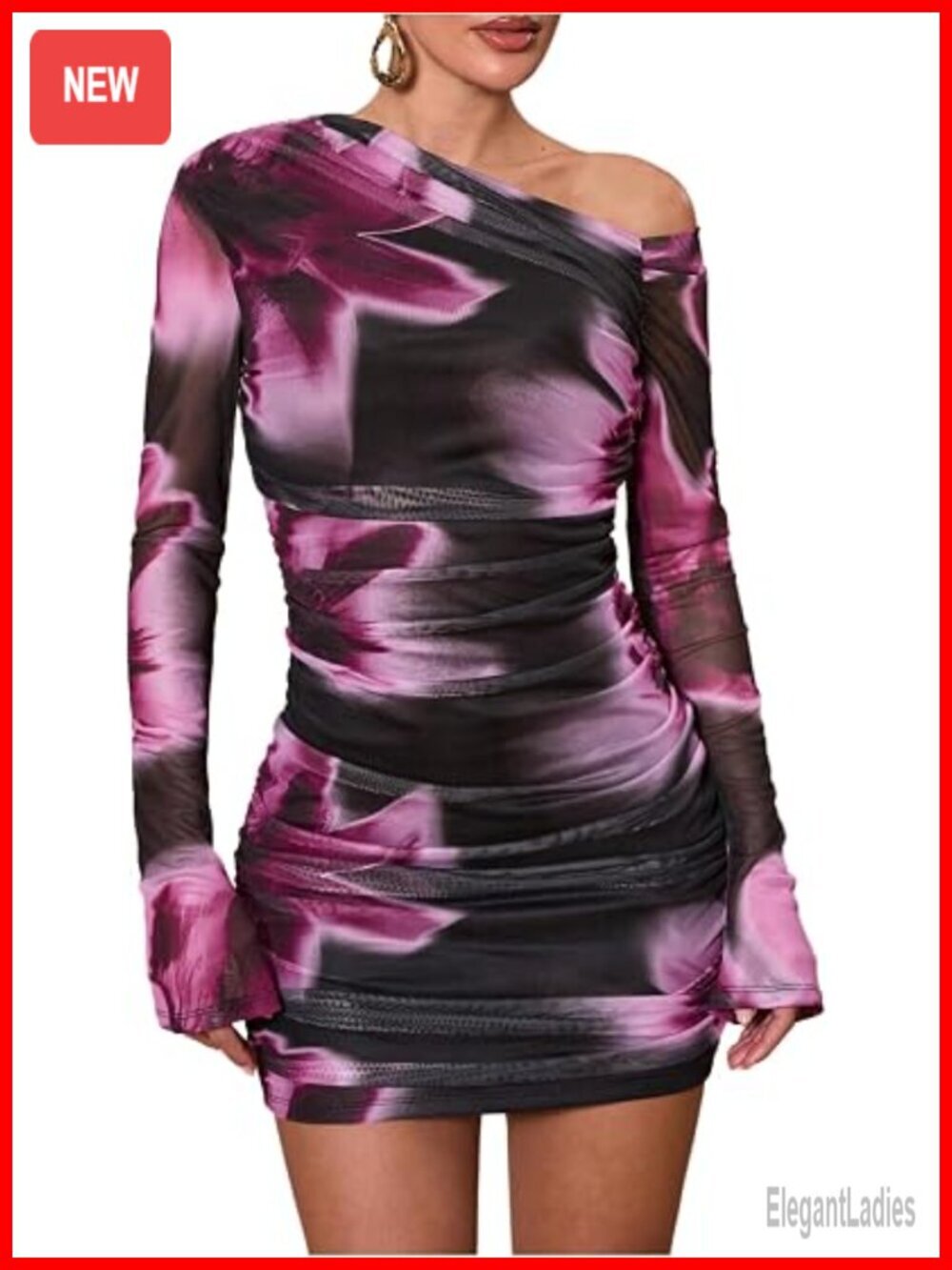 Elegant Floral Asymmetric One Shoulder Mini Bodycon Dress